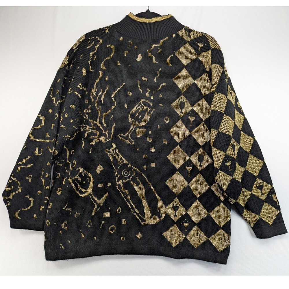 Justin Allen Vintage Black‎ Gold Champagne Harlequin Metallic Knit Sweater USA